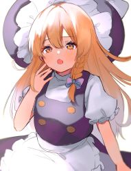 Rule 34 | 1girl, :o, apron, black hat, black skirt, black vest, blonde hair, blush, bow, braid, buttons, commentary request, cowboy shot, frilled hat, frilled sleeves, frills, hair between eyes, hair bow, hat, highres, kirisame marisa, long hair, looking at viewer, nadhia 14, open mouth, puffy short sleeves, puffy sleeves, purple bow, shirt, short sleeves, side braid, simple background, single braid, skirt, skirt set, solo, touhou, vest, waist apron, white apron, white background, white shirt, witch hat, yellow eyes
