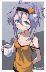 Rule 34 | 1girl, black hairband, border, breasts, camisole, closed mouth, coffee, cup, hair between eyes, hair ornament, hairband, highres, holding, holding cup, mizumi (artist), mole, mole on breast, mug, orange camisole, original, outside border, ponytail, purple hair, signature, small breasts, solo, strap slip, sweatdrop, white border