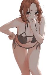 Rule 34 | 1girl, bare shoulders, bikini, black bikini, blush, bracelet, breasts, brown eyes, brown hair, cleavage, flying sweatdrops, goshiki suzu, hand on own hip, highres, jewelry, large breasts, leaning forward, looking at viewer, medium hair, navel, open mouth, original, simple background, solo, swimsuit, white background