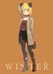 Rule 34 | 1girl, absurdres, animal ears, arm up, bad id, bad twitter id, bag, belt, black choker, black pantyhose, black skirt, blonde hair, blush, boots, breasts, brown background, brown coat, brown footwear, brown shirt, buttons, choker, cleavage, cloba, closed mouth, coat, collarbone, full body, high heel boots, high heels, highres, holding, holding bag, inactive account, long coat, long hair, long sleeves, looking at viewer, miniskirt, open clothes, open coat, original, pantyhose, pencil skirt, ribbed shirt, shirt, shirt tucked in, sidelocks, signature, skirt, sleeves past wrists, smile, solo, standing, wing collar, yellow eyes