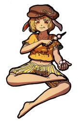 Rule 34 | 1girl, animal ears, barefoot, blonde hair, dango, food, full body, hat, highres, moonywitcher, navel, no shoes, rabbit ears, red eyes, ringo (touhou), short hair, shorts, simple background, solo, touhou, wagashi, white background