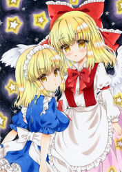 Rule 34 | 2girls, :o, apron, back bow, blonde hair, blue dress, bow, bowtie, breasts, collared shirt, dress, frilled apron, frilled bow, frills, gengetsu (touhou), hair bow, juliet sleeves, large breasts, long sleeves, looking at viewer, looking back, maid, maid headdress, marker (medium), medium breasts, medium hair, mugetsu (touhou), multiple girls, night, night sky, pink skirt, puffy short sleeves, puffy sleeves, red bow, red bowtie, shirt, short sleeves, skirt, sky, star (sky), star (symbol), suspenders, touhou, touhou (pc-98), traditional media, white bow, white shirt, yellow eyes, zenra1112