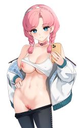 Rule 34 | 1girl, absurdres, arknights, bare shoulders, blue eyes, blue poison (arknights), blue poison (shoal beat) (arknights), blush, bra, braid, breasts, breasts out, cellphone, choker, cleavage, cleft of venus, closed mouth, clothes lift, collarbone, covered erect nipples, cowboy shot, crop top, cum, cum in pussy, ett, female focus, groin, hand on own hip, headband, highres, holding, holding phone, jacket, large breasts, lifted by self, looking at viewer, midriff, navel, nervous sweating, nipples, no bra, no panties, open clothes, open jacket, open mouth, open shirt, pants, phone, pink choker, pink hair, pussy, pussy juice, raised eyebrows, selfie, shirt, shirt lift, short hair, simple background, smartphone, smile, solo, source request, sports bra, sportswear, standing, stomach, sweat, sweatdrop, tank top, teeth, thighs, torso flash, uncensored, underwear, wet, white background, white bra, white jacket, white shirt, white sports bra, white tank top, yoga pants