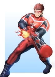 Rule 34 | 1boy, absurdres, akashi (live a hero), bara, baseball, baseball bat, biceps, bodysuit, bulge, covered abs, facial hair, foreshortening, full body, gluteal fold, goatee, highres, legs apart, live a hero, long sideburns, male focus, muscular, muscular male, pectorals, red bodysuit, red eyes, red hair, short hair, sideburns, skin tight, solo, thick eyebrows, thick thighs, thighs, tokuni (toktoktokuni)