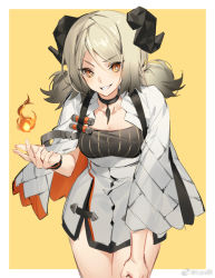 Rule 34 | 1girl, arknights, border, breasts, bright pupils, choker, cowboy shot, dress, fire, grin, hand on own thigh, horns, ifrit (arknights), light brown hair, liyu li, long sleeves, looking at viewer, medium breasts, orange eyes, outside border, short dress, simple background, smile, solo, twintails, weibo watermark, white pupils, wide sleeves, wristband