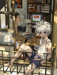Rule 34 | 2boys, absurdres, bare shoulders, barefoot, black hair, book, bookshelf, closed eyes, closed mouth, commentary request, crt, dappled sunlight, electric fan, fanning face, fanning self, gon freecss, hand in pocket, hands on floor, highres, hunter x hunter, indoors, killua zoldyck, looking at viewer, male focus, mario (series), messy hair, multiple boys, nintendo, open mouth, picture frame, railing, shirt, short hair, shorts, sitting, spiked hair, summer, sunlight, super mario bros. 1, tank top, television, white hair, white shirt, window, wooden floor, yuhuaniiiiiii