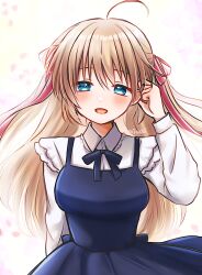 Rule 34 | 1girl, :d, ahoge, arm at side, blonde hair, blue dress, blue eyes, blush, collared shirt, commentary request, cowboy shot, dress, frilled shirt collar, frills, hair between eyes, hair ribbon, hand up, happy, kamikita komari, little busters!, long hair, long ribbon, long sleeves, looking at viewer, micchi (koto maple), official alternate costume, official alternate hair length, official alternate hairstyle, open mouth, red ribbon, ribbon, shirt, signature, simple background, sleeveless, sleeveless dress, smile, solo, spaghetti strap, straight hair, two side up, very long hair, white background, white shirt