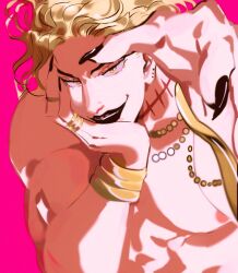 Rule 34 | 1boy, black lips, black nails, blonde hair, bracelet, commentary, dio brando, fingernails, hand on own face, head rest, highres, jewelry, jojo no kimyou na bouken, long hair, male focus, mole, mole on ear, muscular, muscular male, necklace, nipples, pectorals, pink background, ring, scar, scar on neck, sharp fingernails, shenshan laolin, smirk, stardust crusaders, symbol-only commentary, topless male, yellow eyes