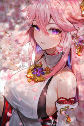 Rule 34 | 1girl, bare shoulders, blouse, blurry, breasts, brooch, cherry blossoms, depth of field, detached sleeves, earrings, floppy ears, genshin impact, highres, japanese clothes, jewelry, kimono, large breasts, long hair, looking at viewer, miko, nicccolee, parted lips, pink hair, pink theme, purple eyes, shirt, sideboob, smile, solo, upper body, wet, white kimono, white shirt, yae miko