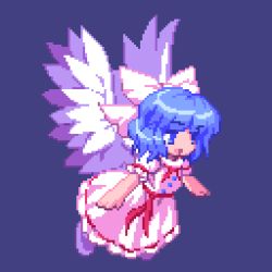 Rule 34 | 1girl, angel wings, animated, animated png, bad id, bad pixiv id, blue eyes, blue hair, chibi, dress, female focus, flying, hair ornament, kou 2008, lowres, mai (touhou), matching hair/eyes, mystic square, pixel art, ribbon, short hair, solo, touhou, touhou (pc-98), white wings, wings, witch