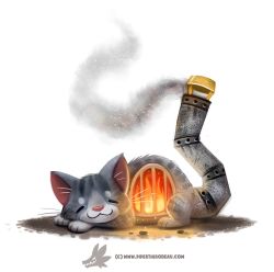 Rule 34 | cat, chimney, creature, cryptid creations, closed eyes, fire, fireplace, full body, furnace, grey fur, no humans, original, simple background, sleeping, smoke, watermark, web address, whiskers, white background