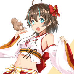 Rule 34 | 1girl, alternate costume, alternate hairstyle, animal, animal on hand, belly, blue eyes, brown hair, detached sleeves, full body, hair ribbon, highres, hololive, long sleeves, natsuiro matsuri, nontraditional miko, ribbon, solo, squirrel, tagme, virtual youtuber