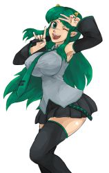 Rule 34 | 1girl, black thighhighs, breasts, colorized, cosplay, covered erect nipples, detached sleeves, fang, green eyes, green hair, hatsune miku, hatsune miku (cosplay), highres, horns, jadf, large breasts, long hair, lum, m/, matching hair/eyes, microphone, miniskirt, nail polish, necktie, one eye closed, oni, open mouth, pointy ears, shirt, skirt, solo, taut clothes, taut shirt, thighhighs, urusei yatsura, v over eye, vocaloid, wink, zettai ryouiki
