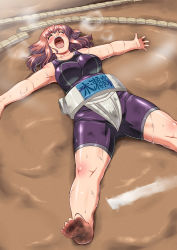 Rule 34 | 1girl, akashi marumi, barefoot, blush, breasts, breath, brown hair, closed eyes, dirty, dirty feet, exhausted, feet, female focus, full body, highres, large breasts, lying, on back, open mouth, original, plump, rikijo, short hair, singlet, solo, sumo, sumo girl, sweat, toes, utamaro