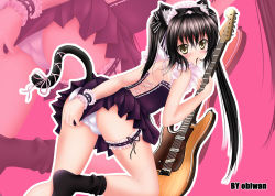 Rule 34 | 00s, 1girl, animal ears, black hair, black socks, blush, bridal garter, cat ears, cat girl, cat tail, electric guitar, female focus, fender stratocaster, guitar, hairband, highres, instrument, k-on!, mouth hold, nakano azusa, obiwan, panties, ribbon, skirt, socks, solo, tail, tail ornament, tail ribbon, underwear, wrist cuffs, yellow eyes, zoom layer