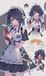 Rule 34 | ..., 1girl, 1other, :d, @ @, black headwear, blue bow, blue ribbon, bottle, bow, braid, breasts, cleavage, double v, food, frilled cuffs, highres, holding, holding bottle, ketchup, looking at viewer, maid, maid headdress, medium breasts, mekoda (haraita kamo), multiple views, neck ribbon, omelet, omurice, open mouth, original, parted lips, ribbon, short hair, single braid, smile, solo focus, spoken ellipsis, sweat, thought bubble, v, wrist cuffs