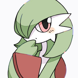 Rule 34 | 1girl, blush, blush stickers, bob cut, closed mouth, colored skin, creatures (company), expressionless, female focus, flat chest, game freak, gardevoir, gen 3 pokemon, green hair, green skin, hair over one eye, hand to own mouth, hand up, looking afar, multicolored skin, nintendo, one eye covered, pokemon, pokemon (creature), red eyes, short hair, simple background, solo, suzu (pixiv 32232702), thinking, two-tone skin, upper body, white background, white skin