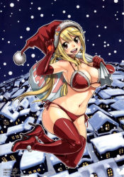 Rule 34 | 1girl, absurdres, armpits, bikini, blonde hair, blush, boots, breasts, brown eyes, carrying over shoulder, christmas, cleavage, elbow gloves, fairy tail, full body, fur-trimmed bikini, fur trim, gloves, hat, high heel boots, high heels, highres, large breasts, long hair, looking at viewer, lucy heartfilia, mashima hiro, navel, night, non-web source, not for sale, official art, open mouth, outline, red bikini, red footwear, red thighhighs, santa costume, santa hat, side-tie bikini bottom, smile, snowing, solo, swimsuit, thigh boots, thighhighs, twintails, underboob