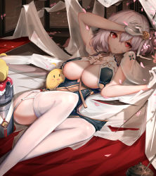 Rule 34 | 1girl, ahoge, arm up, azur lane, bird, blush stickers, braid, breast curtains, breasts, cape, chicken, cleavage, flower, garter straps, gloves, hair flower, hair ornament, large breasts, looking away, looking to the side, lying, manjuu (azur lane), on back, petals, red eyes, renze l, revealing clothes, rose, see-through, silver hair, sirius (azur lane), sirius (azure horizons) (azur lane), thighhighs, turret, white cape, white gloves, white thighhighs, yellow flower, yellow rose