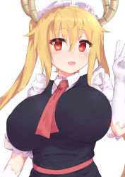 Rule 34 | 10s, 1girl, absurdres, blonde hair, blush, breasts, covered erect nipples, dragon girl, dragon horns, elbow gloves, eyebrows, fang, gloves, hair between eyes, highres, horns, kobayashi-san chi no maidragon, large breasts, long hair, looking at viewer, maid, maid headdress, open mouth, red eyes, simple background, smile, solo, tohru (maidragon), upper body, white background, white gloves, ze (wzfnn001)