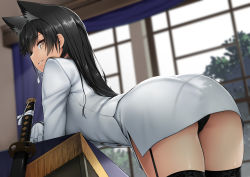 Rule 34 | 1girl, animal ears, atago (azur lane), azur lane, bent over, black hair, black panties, black thighhighs, blurry, breasts, brown eyes, depth of field, extra ears, from behind, garter straps, indoors, kamata yuuya, large breasts, military, military uniform, miniskirt, mole, mole under eye, office, open mouth, panties, parted lips, ribbon, sheath, sheathed, skirt, solo, swept bangs, thighhighs, thighs, underwear, uniform, white ribbon, window