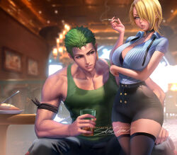 Rule 34 | 1boy, 1girl, ass, black bra, black thighhighs, blonde hair, blue eyes, blush, bra, breasts, buttons, cigarette, collared shirt, drink, earrings, food, genderswap, genderswap (mtf), green hair, hair over one eye, hetero, holding, holding cigarette, holding drink, indoors, jewelry, large breasts, looking to the side, medium hair, muscular, muscular male, necktie, one piece, open mouth, roronoa zoro, sakimichan, sanji (one piece), shirt, short hair, shorts, smoke, sweatdrop, thick thighs, thighhighs, thighs, underwear, veins, zettai ryouiki