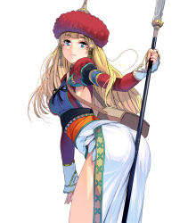 Rule 34 | 1girl, ass, between buttocks, blonde hair, blue eyes, breasts, eyebrows, from behind, hair ornament, highres, kouno (masao), long hair, long skirt, long sleeves, medium breasts, original, polearm, puffy long sleeves, puffy sleeves, side slit, skirt, solo, spear, traditional clothes, weapon