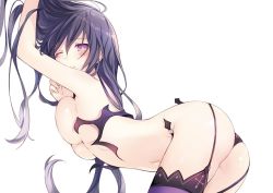 Rule 34 | 10s, 1girl, against wall, arched back, arm up, ass, black panties, blush, breast press, breasts, closed mouth, date a live, female focus, garter straps, highres, large breasts, long hair, looking at viewer, looking to the side, navel, official art, one eye closed, panties, purple eyes, purple hair, purple thighhighs, simple background, solo, stomach, thighhighs, top-down bottom-up, topless, tsunako, underwear, white background, yatogami tooka
