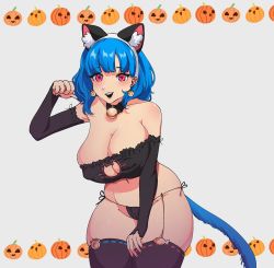 Rule 34 | 1girl, arm up, bell, black sleeves, black thighhighs, borrowed character, bra, breasts, cat cutout, cat lingerie, cat tail, cleavage, cleavage cutout, clothing cutout, detached sleeves, earrings, elradrien, frilled bra, frills, highres, jack-o&#039;-lantern, jewelry, large breasts, looking at viewer, meme attire, neck bell, open mouth, original, red eyes, rina atherina, shadow, skindentation, smile, tail, thighhighs, underwear