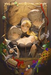 Rule 34 | 1boy, 2girls, absurdres, ambrosia (dungeon meshi), animal ears, apple, arm grab, bare shoulders, black dress, black hat, blonde hair, boy and girl sandwich, bread, cake, cake slice, chalice, coin, cup, detached collar, detached sleeves, dragon, dress, dungeon meshi, extra eyes, falin touden, falin touden (chimera), food, fork, frown, fruit, fur-trimmed sleeves, fur trim, gem, gorget, grapes, green eyes, grey hair, hair over one eye, hat, head scarf, head wings, highres, holding, holding fork, holding knife, jewelry, knife, laios touden, leaf, long hair, looking at another, looking at viewer, mandragora, marcille donato, marcille donato (lord), multiple girls, necklace, one eye covered, painting (object), pearl necklace, picture frame, pie, plate, red dragon (dungeon meshi), red ribbon, ribbon, ring, sandwiched, short hair, smile, spill, spoilers, staff, strapless, strapless dress, swept bangs, unworn jewelry, unworn necklace, upper body, walking mushroom (dungeon meshi), winged lion (dungeon meshi), wings, yellow eyes, zzom b