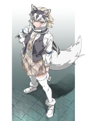 Rule 34 | 1girl, animal ears, blush, collared shirt, eastern wolf (kemono friends), from above, gloves, grey hair, grey necktie, grey scarf, grey skirt, grey vest, hair between eyes, hand on own hip, highres, kemono friends, long sleeves, looking at viewer, multicolored hair, necktie, open clothes, open vest, plaid, plaid necktie, plaid skirt, pleated skirt, scarf, shirt, short hair, sidelocks, skirt, smile, solo, tail, tanabe (fueisei), thighhighs, two-tone hair, two-tone scarf, vest, white gloves, white hair, white scarf, white shirt, white thighhighs, wolf ears, wolf girl, wolf tail, yellow eyes, zettai ryouiki
