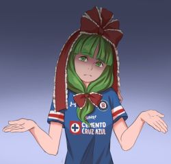 Rule 34 | 1girl, alternate costume, blunt bangs, bow, commentary request, cruz azul, frills, front ponytail, green eyes, green hair, hair bow, hair ribbon, head tilt, kagiyama hina, looking at viewer, mefomefo, ribbon, shaded face, short sleeves, shrugging, simple background, soccer, soccer jersey, solo, touhou, under armour