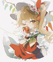 Rule 34 | 1girl, apple, blonde hair, bow, bowtie, commentary request, covered mouth, cropped legs, crystal, flandre scarlet, food, fruit, hair bow, hand up, hat, heart, heart of string, highres, holding, holding food, light blush, looking to the side, mob cap, mrhrprpr, one eye closed, one side up, puffy short sleeves, puffy sleeves, red bow, red eyes, red skirt, red vest, short hair with long locks, short sleeves, simple background, skirt, skirt set, solo, touhou, vest, white background, wings, wrist cuffs, yellow bow, yellow bowtie
