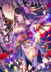 Rule 34 | 1girl, apple caramel, bare shoulders, black hair, breasts, bug, butterfly, cleavage, commentary request, copyright request, flower, hair flower, hair ornament, highres, bug, japanese clothes, kimono, large breasts, leaf, moon, pink flower, red eyes, smile, solo, wide sleeves
