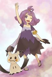 Rule 34 | 1girl, ;d, acerola (pokemon), arm up, armlet, chiimako, collarbone, commentary request, creatures (company), dress, eyelashes, flip-flops, flipped hair, game freak, gen 7 pokemon, grey dress, hair ornament, hairclip, long hair, mimikyu, multicolored clothes, multicolored dress, nintendo, one eye closed, open mouth, pokemon, pokemon (creature), pokemon sm, purple hair, sandals, short sleeves, smile, stitches, toes, tongue, topknot, torn clothes, torn dress