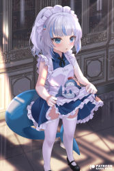 Rule 34 | 1girl, apron, bare arms, black footwear, black ribbon, bloop (gawr gura), blue dress, blue eyes, blue hair, blunt bangs, blush, collared dress, dress, fins, fish tail, frilled apron, frilled dress, frills, gawr gura, hair ornament, high ponytail, hololive, hololive english, indoors, light particles, maid, maid apron, maid headdress, mary janes, medium hair, mujinbensin, multicolored hair, neck ribbon, open mouth, ponytail, ribbon, shark girl, shark hair ornament, shark tail, shoes, sidelocks, skirt hold, sleeveless, sleeveless dress, solo, streaked hair, striped ribbon, tail, thighhighs, thighs, virtual youtuber, white apron, white hair, white thighhighs, wing collar