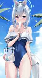 Rule 34 | 1girl, animal ears, bag, bird, blue archive, blue sky, breasts, cloud, collarbone, day, eating, food, food in mouth, gluteal fold, halo, high ponytail, highres, holding, holding bag, holding food, holding popsicle, holding swim ring, innertube, long hair, lotion bottle, miyako (blue archive), miyako (swimsuit) (blue archive), outdoors, popsicle, popsicle in mouth, purple eyes, rabbit ears, sidelocks, skai kun, sky, small breasts, solo, swim ring, thighs, towel, water, wet, white hair