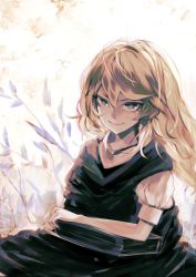 Rule 34 | 1girl, black dress, blonde hair, blouse, book, closed mouth, commentary, dress, eyebrows hidden by hair, eyelashes, hair between eyes, highres, kirisame marisa, long hair, looking at viewer, no headwear, no headwear, puffy short sleeves, puffy sleeves, shirt, short sleeves, smile, solo, touhou, uni (bom19850101), upper body, v-shaped eyebrows, white shirt, yellow eyes