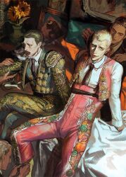 Rule 34 | 4boys, bird, black hair, black necktie, blonde hair, brown eyes, bull, cigar, collared shirt, crocodile (one piece), crossed legs, donquixote doflamingo, eyepatch, faux traditional media, flamingo, flower, hair slicked back, highres, looking at viewer, matador, multicolored clothes, multiple boys, necktie, nisir0, one piece, open mouth, painting (object), patterned clothing, scar, scar on face, shirt, short hair, sitting, skull and crossbones, smile, smoking, sunflower, tongue, tongue out, vase, white shirt