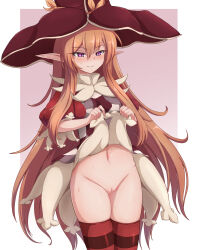 Rule 34 | 1girl, amazatou, blush, closed mouth, hair between eyes, hat, highres, knights in the nightmare, lifted by self, long hair, navel, orange hair, pink eyes, pointy ears, pussy, red thighhighs, smile, solo, striped clothes, striped thighhighs, sweat, thighhighs, uncensored, witch, witch (knights in the nightmare), witch hat