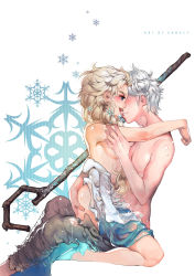 Rule 34 | 1boy, 1girl, ass, ass grab, clothed sex, crossover, cum, elsa (frozen), faceless, faceless male, frozen (disney), girl on top, hetero, high heels, highres, jack frost (rise of the guardians), kawacy, kiss, licking, rise of the guardians, saliva, sex, staff, straddling, topless, trait connection, upright straddle