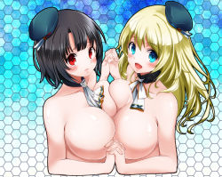 Rule 34 | 10s, 2girls, atago (kancolle), black hair, blonde hair, blush, breast press, breasts, hat, honeycomb (pattern), honeycomb background, honeycomb pattern, kantai collection, large breasts, long hair, looking at viewer, multiple girls, open mouth, own hands clasped, own hands together, personification, red eyes, short hair, sis (kathar-sis), symmetrical docking, takao (kancolle)