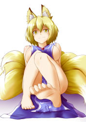 Rule 34 | 1girl, animal ears, bare legs, barefoot, blonde hair, breasts, feet, foot focus, fox ears, fox tail, full body, highres, kitsunetsu (rcu be1s), large breasts, light smile, looking at viewer, multiple tails, naked tabard, no headwear, short hair, sideboob, simple background, sitting, soles, solo, tabard, tail, toenails, touhou, white background, yakumo ran, yellow eyes