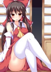 Rule 34 | 1girl, bare shoulders, blush, bow, breasts, brown hair, collarbone, collared shirt, come hither, convenient censoring, covered erect nipples, crossed legs, detached sleeves, frilled shirt collar, frills, hair bow, hair tubes, hakurei reimu, highres, large bow, legs, long hair, looking at viewer, medium breasts, naba (take tonbo), no panties, open mouth, orange eyes, raised eyebrow, sarashi, shirt, smile, solo, thick thighs, thighhighs, thighs, touhou, white thighhighs, wide sleeves