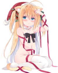 Rule 34 | 1girl, :o, ahoge, animal ear fluff, animal ears, arm up, bare shoulders, black bow, blonde hair, blue eyes, blush, bottomless, bow, cat ears, cat girl, cat tail, christmas, collarbone, commentary request, full body, fur-trimmed headwear, fur trim, green bow, hair between eyes, hair bow, hat, kujou danbo, long hair, looking at viewer, moneko-chan, navel, no shoes, original, parted lips, plaid, plaid bow, red bow, red hat, red ribbon, ribbon, ribbon bra, santa hat, simple background, sitting, solo, tail, thighhighs, two side up, very long hair, wariza, white background, white thighhighs