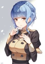 Rule 34 | 1girl, blue hair, braid, breasts, brown eyes, commentary request, crown braid, fire emblem, fire emblem: three houses, jacket, large breasts, long sleeves, looking at viewer, marianne von edmund, multicolored clothes, multicolored jacket, nintendo, ringozaka mariko, short hair, signature, two-tone jacket, upper body