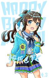Rule 34 | 1girl, alternate hairstyle, aqua bow, aqua eyes, aqua jacket, aqua nails, aqua ribbon, artist name, artist request, belt, black skirt, blue bow, blue eyes, blush, bow, bowtie, breasts, brown hair, buttons, center frills, collared shirt, cross-laced footwear, curly hair, dated, double bun, dress, dress shirt, female focus, frilled skirt, frills, green belt, green bow, green nails, green ribbon, hair between eyes, hair bow, hair bun, hair ornament, hair ribbon, hairclip, heart, heart print, highres, jacket, layered skirt, long hair, looking at viewer, love live!, love live! nijigasaki high school idol club, love live! school idol festival, love live! school idol festival all stars, miniskirt, multicolored nails, nail, nail polish, bowtie, osaka shizuku, parted lips, plaid, plaid skirt, pleated, pleated skirt, polka dot, polka dot bow, polka dot skirt, puffy short sleeves, puffy sleeves, ribbon, shirt, short sleeves, skirt, small breasts, smile, solo, star (symbol), star hair ornament, twintails, white background, white legwear, white shirt, wing collar, yellow bow, yellow ribbon, youthful carnival (love live!)