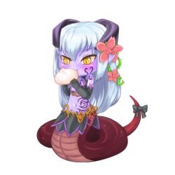 Rule 34 | 1girl, alipheese fateburn xvi, bare shoulders, bow, chibi, colored skin, dumpling, eating, elbow gloves, flower, food, full body, gloves, hair flower, hair ornament, horns, jing li, lamia, long hair, mon-musu quest!, monster girl, navel, pointy ears, purple skin, scales, solo, tail, tail bow, tail ornament, tattoo, transparent background, very long hair, white background, white hair, yellow eyes