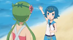 Rule 34 | 2girls, arm up, bare arms, blue eyes, blue hair, blue pants, blue sailor collar, blush stickers, bright pupils, commentary, creatures (company), day, fishing rod, flower, game freak, green hair, grey overalls, hair flower, hair ornament, hairband, highres, holding, holding fishing rod, lana (pokemon), long hair, mallow (pokemon), multiple girls, nintendo, non non biyori, one-piece swimsuit, open mouth, outdoors, overalls, pants, parody, pink flower, pokemon, pokemon sm, rutorifuki, sailor collar, sand, shirt, shore, short hair, sleeveless, sleeveless shirt, swimsuit, swimsuit under clothes, trial captain, twintails, water, white pupils, white shirt, yellow hairband