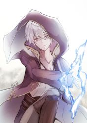 Rule 34 | atoatto, fire emblem, fire emblem awakening, fire emblem heroes, gloves, hood, looking at viewer, male focus, nintendo, red eyes, robin (fire emblem), robin (male) (fire emblem), short hair, smile, solo, white background, white hair, wizard